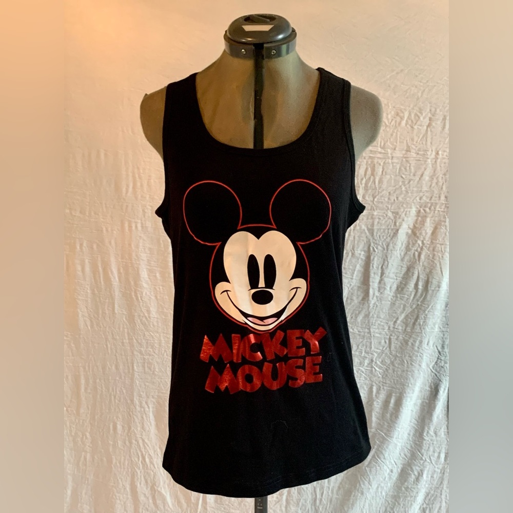 Mickey Mouse Ladies Red Foil Logo Black tank Top